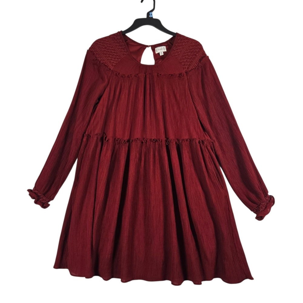 Wonderly Long Sleeve Dress Womens Medium Burgundy Smocked Crinkle Fabric
